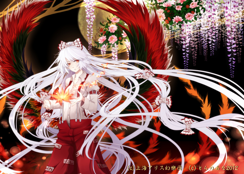 belt bow fire flower fujiwara_no_mokou hair_bow long_hair long_sleeves pants phoenix_wings puffy_sleeves red_eyes solo suspenders touhou very_long_hair white_hair wings wisteria yume_koucha