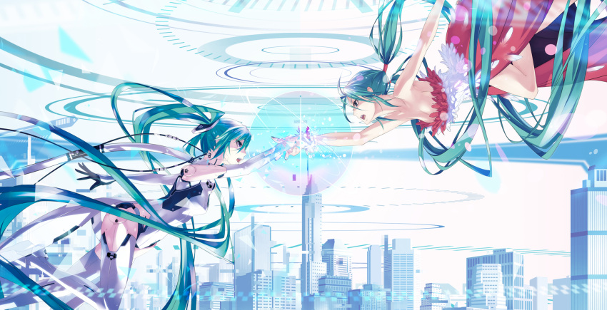 android aqua_eyes aqua_hair bare_shoulders building cityscape cleavage detached_sleeves dress dual_persona elbow_gloves hatsune_miku highres long_hair long_image monq multiple_girls open_mouth profile reaching robot_joints sky techgirl thigh-highs thighhighs twintails very_long_hair vocaloid wide_image