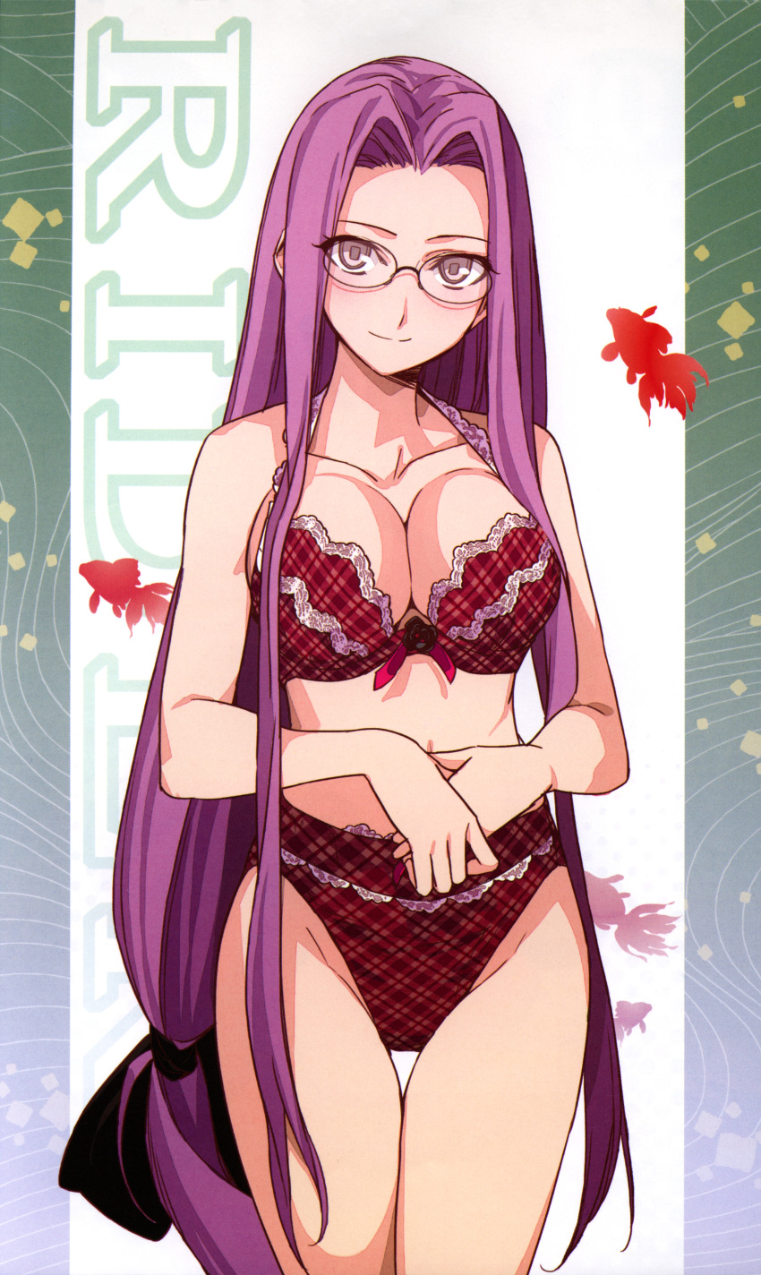 absurdres bare_shoulders bra breasts character_name cleavage fate/stay_night fate_(series) glasses highleg highleg_panties highres lace-trimmed_bra lace-trimmed_panties large_breasts lingerie long_hair looking_at_viewer low-tied_long_hair morii_shizuki navel panties plaid plaid_bra plaid_panties purple_eyes purple_hair red_bra red_panties rider scan smile solo thigh_gap thighs underwear underwear_only very_long_hair violet_eyes