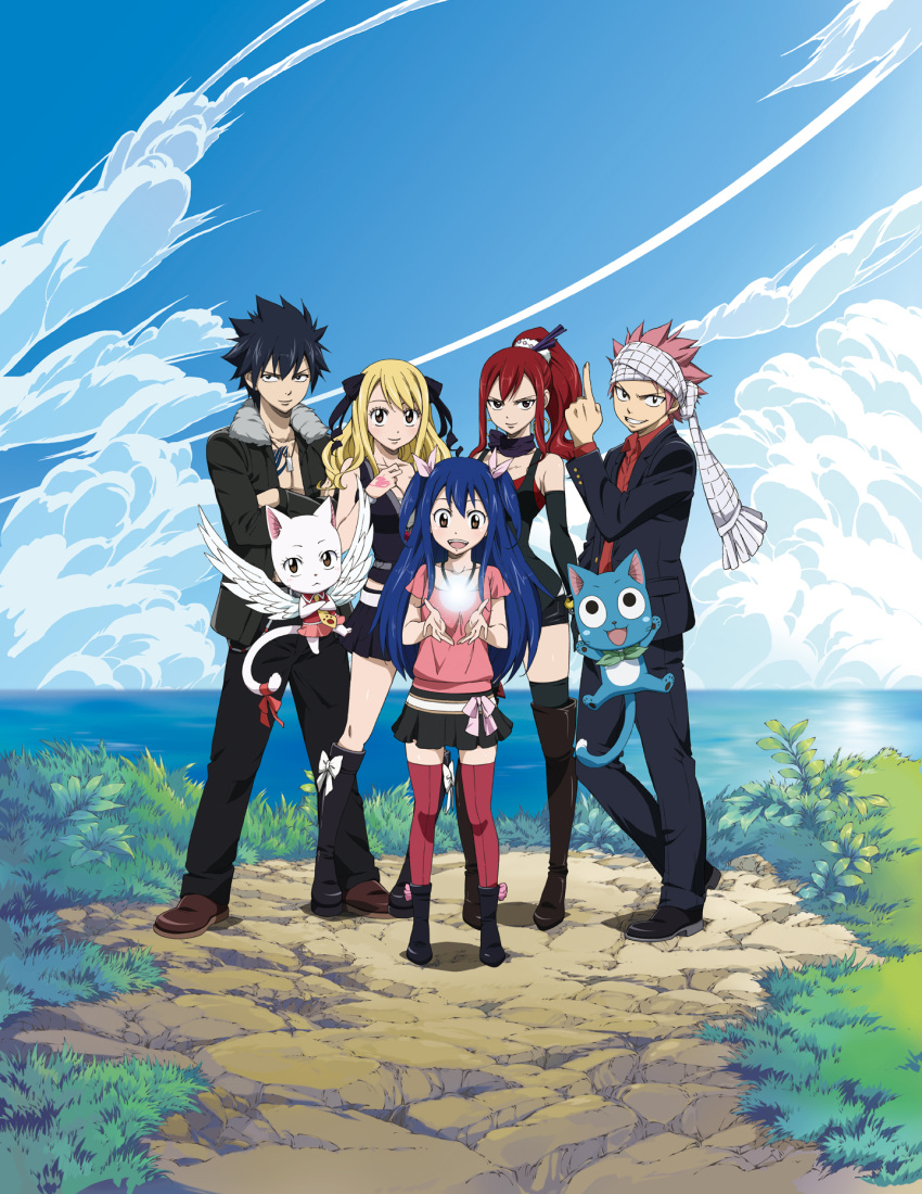 black_eyes black_hair blonde_hair blue_hair boots brown_eyes cat charle_(fairy_tail) cliff cloud clouds earrings erza_scarlet everyone fairy_tail fur_collar gray_fullbuster hair_ribbon happy_(fairy_tail) headband highres jewelry knee_boots long_hair lucy_heartfilia magic miniskirt natsu_dragneel necklace no_undershirt ocean official_art outdoors pants pink_hair pointing pointing_up ponytail red_hair redhead ribbon scarf short_hair skirt smile spiked_hair spiky_hair tail tail_ribbon tattoo thigh-highs thigh_boots thighhighs twintails wavy_hair wendy_marvell wings