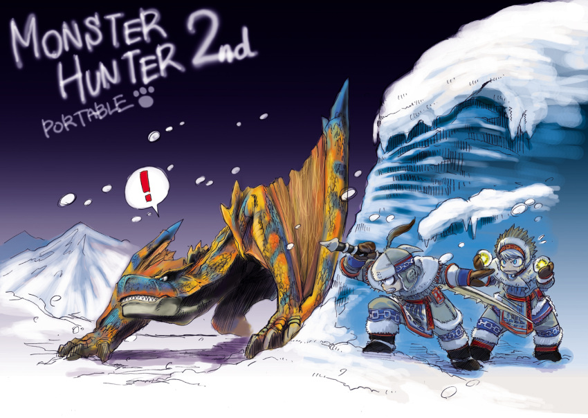 2boys aqua_eyes claws helmet monster_hunter multiple_boys ryuuta_(ipse) snow snowing sword tigrex weapon