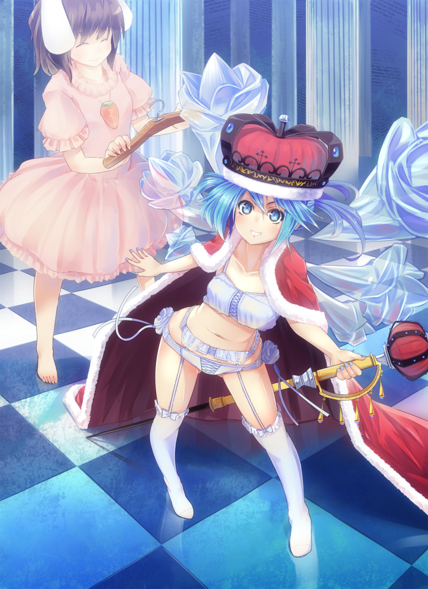 absurdres barefoot blue_bra blue_eyes blue_hair blue_panties bra cape carrot checkered checkered_floor cirno clothes_hanger crown garter_belt garter_straps grin hanger highres ice ice_wings inaba_tewi jewelry liking looking_at_viewer multiple_girls nail_polish necklace panties reflection short_hair smile sword teenage thigh-highs thighhighs touhou underwear underwear_only weapon white_legwear white_panties wings