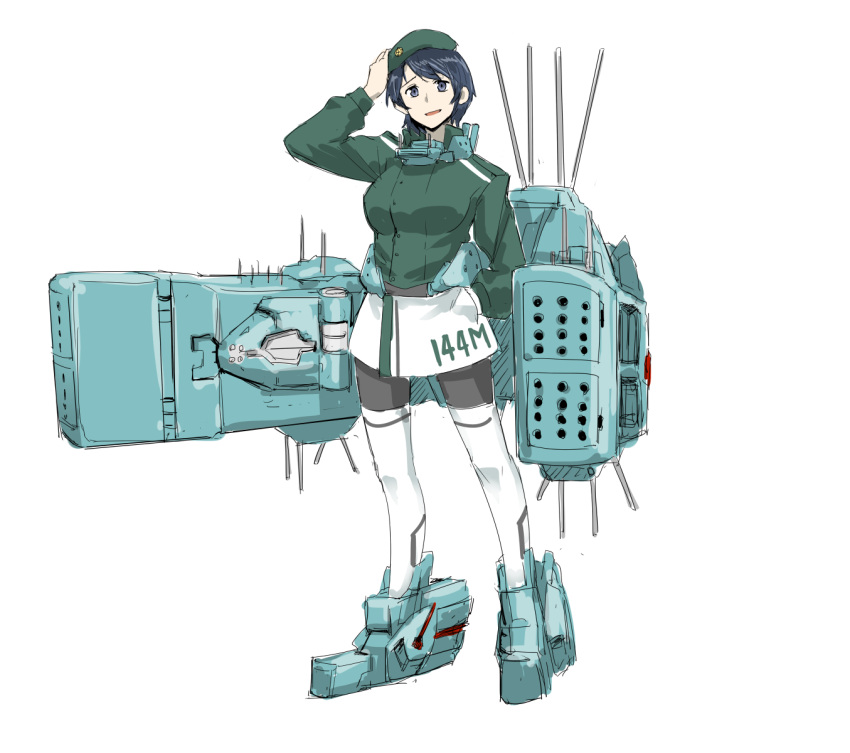 1girl black_eyes black_hair crossover free_planets_alliance fusion genderswap ginga_eiyuu_densetsu hand_on_own_head harukon_(halcon) hat highres kantai_collection looking_at_viewer mecha_musume military military_uniform original parody short_hair simple_background smile solo space_craft thigh-highs uniform white_background yang_wen-li