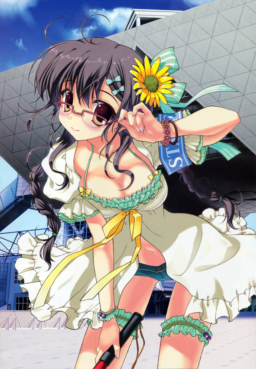 2011 absurdres adjusting_glasses baton black_hair blush bracelet braid breasts cleavage copyright_request denim detexted flower garters glasses hair_flower hair_ornament hairclip highres holding jewelry leg_garter long_hair looking_at_viewer nanao_naru navel photoshop poster red-framed_glasses ribbon shorts single_braid smile solo source_request sunflower tokyo_big_sight wink