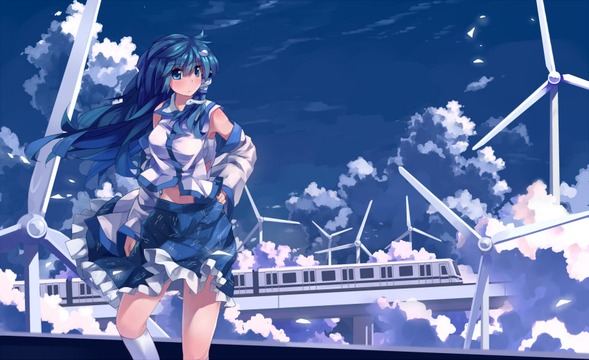 bare_shoulders blue_eyes blush breasts cloud clouds detached_sleeves frog_hair_ornament green_hair hair_ornament hand_on_hip highres hips kneehighs kochiya_sanae landscape long_hair navel nodata sarashi sky snake solo touhou train very_long_hair white_legwear wind_turbine windmill