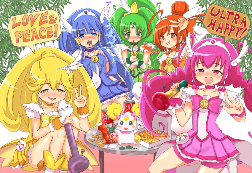 aoki_reika bike_shorts blue_eyes blue_hair blush bong candy_(smile_precure!) choker cure_beauty cure_happy cure_march cure_peace cure_sunny dress drugs english food green_eyes green_hair hair_tubes head_wings hino_akane hookah hoshizora_miyuki kise_yayoi kosshii_(masa2243) long_hair magical_girl marijuana midorikawa_nao multiple_girls open_mouth orange_eyes orange_hair pink_eyes pink_hair pizza precure short_hair shorts_under_skirt skirt smile smile_precure! smoke stoned tiara twintails v wrist_cuffs yellow_eyes