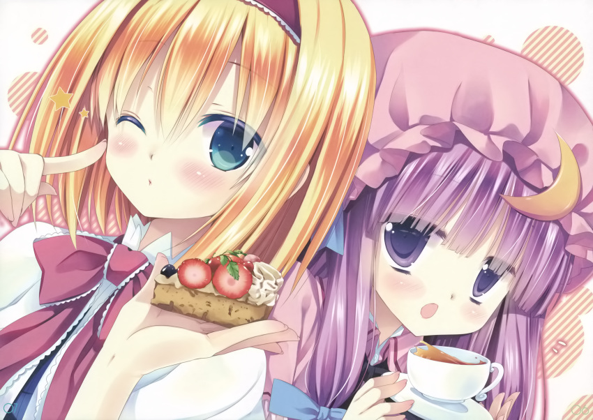 :o ;) alice_margatroid blonde_hair blue_eyes blush bow capelet crescent hair_bow hairband hat highres holding long_hair looking_at_viewer miyasu_risa multiple_girls natsume_eri outline patchouli_knowledge purple_eyes purple_hair saucer scan short_hair slice_of_cake star touhou violet_eyes white_background wink
