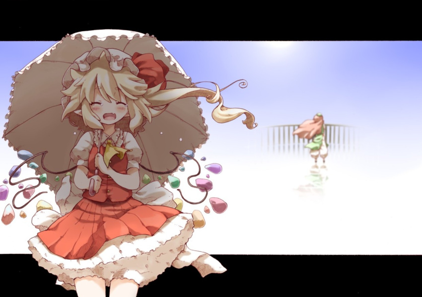 alternate_wings back beret blonde_hair closed_eyes eyes_closed fang fence flandre_scarlet hat hat_ribbon holding hong_meiling letterboxed long_hair multiple_girls open_mouth red_hair redhead ribbon short_sleeves shunsuke side_ponytail smile tears touhou umbrella wings