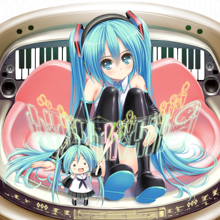 :d bare_shoulders black_legwear blue_eyes blush boots detached_sleeves dual_persona erinngi hachune_miku hair_ornament hatsune_miku highres holding instrument long_hair looking_at_viewer multiple_girls necktie norita o_o open_mouth piano sitting skirt smile spring_onion thigh-highs thigh_boots thighhighs twintails very_long_hair vocaloid