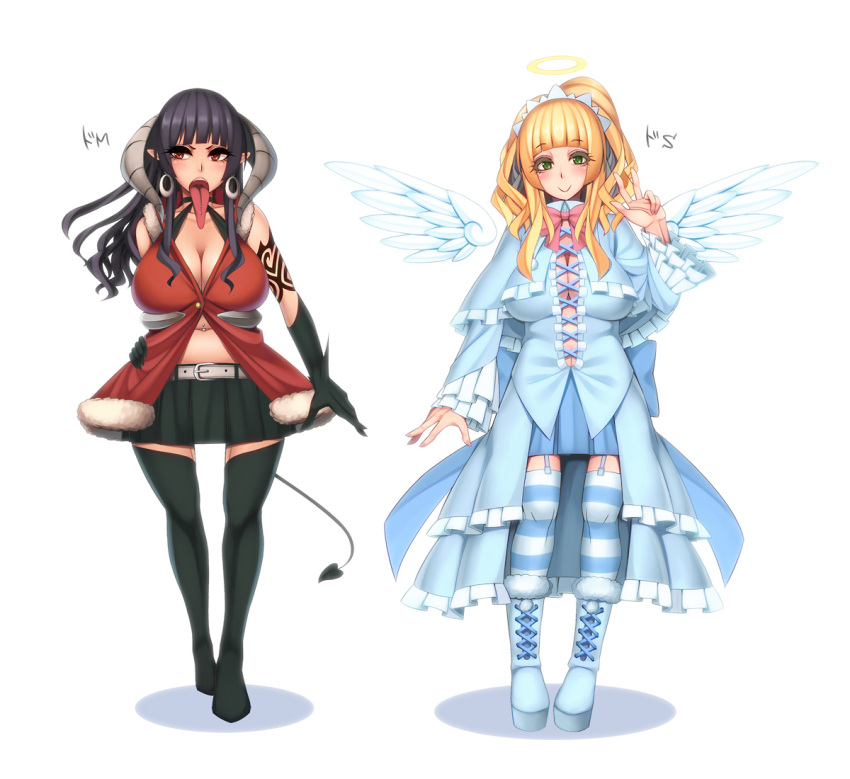 2girls :&gt; angel_wings bangs bare_shoulders belt black_hair blunt_bangs boots bow breasts center_opening cleavage copyright_request demon_tail detached_wings dress earrings gloves green_eyes halo hand_on_hip hips horns huge_breasts jewelry kedama_keito long_tongue midriff miniskirt multiple_girls navel open_mouth overskirt piercing pointy_ears red_eyes showgirl_skirt skirt smile standing striped striped_legwear tail tattoo thigh-highs thighhighs tongue tongue_out tongue_piercing translation_request v wings zettai_ryouiki