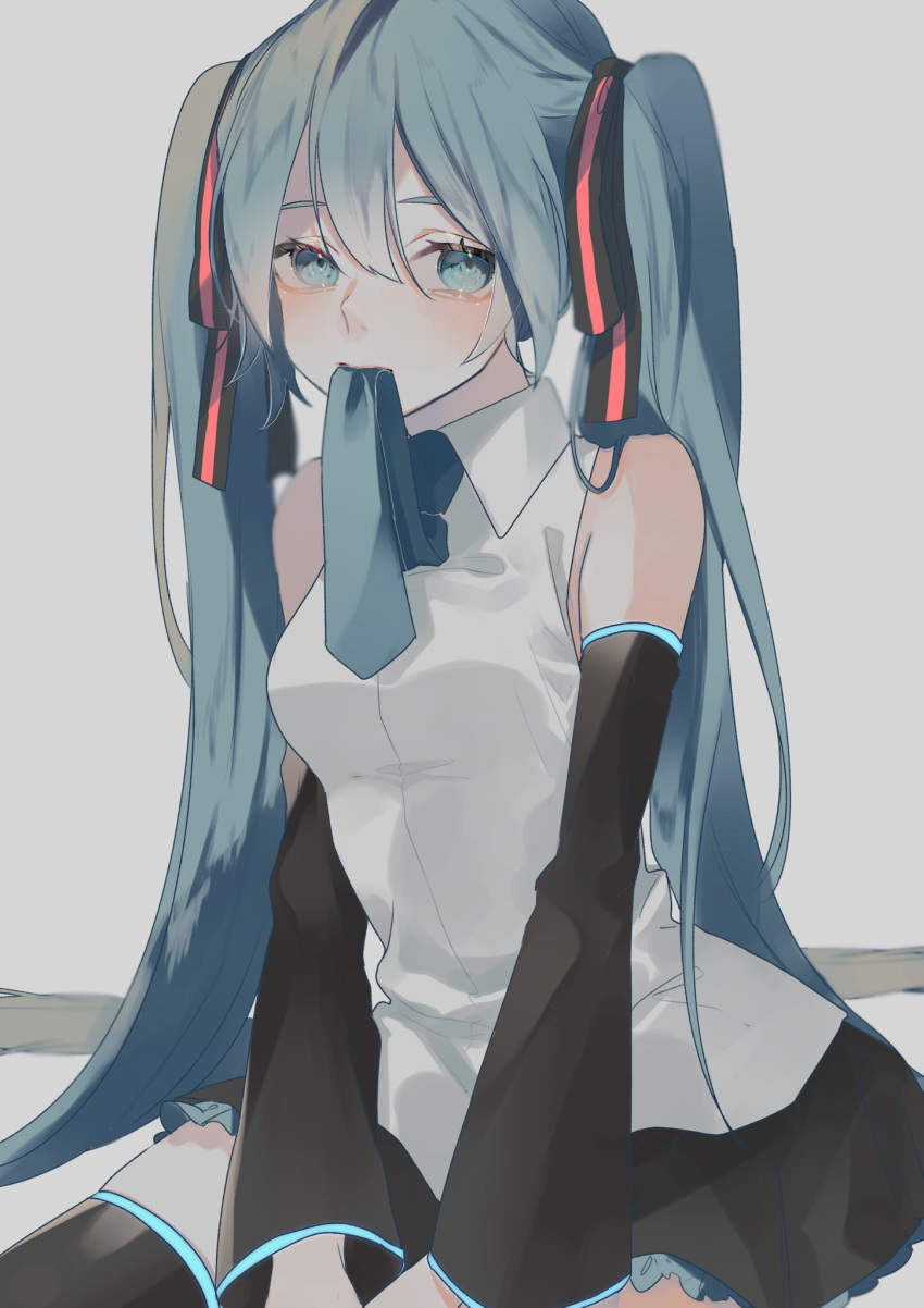 1girl bare_shoulders between_legs black_legwear black_ribbon black_skirt black_sleeves blue_eyes blue_hair blue_neckwear commentary cowboy_shot detached_sleeves grey_background hair_ribbon hand_between_legs hatsune_miku highres long_hair looking_at_viewer miniskirt mouth_hold necktie necktie_in_mouth neon_trim pleated_skirt ribbon shirt sitting skirt sleeveless sleeveless_shirt striped striped_ribbon thigh-highs twintails un_known9999 very_long_hair vocaloid white_shirt zettai_ryouiki