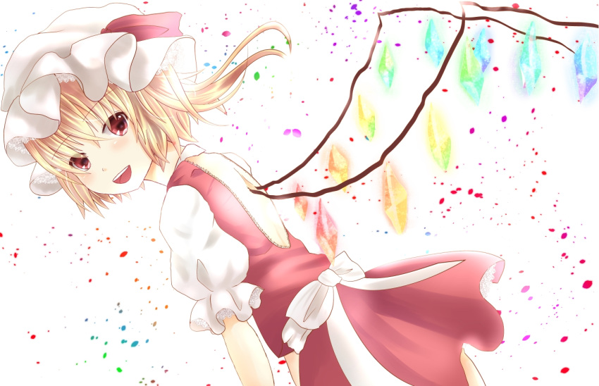 ascot backless_outfit bad_id blonde_hair conesa flandre_scarlet hat hat_ribbon highres looking_at_viewer open_mouth puffy_sleeves red_eyes ribbon shirt short_sleeves side_ponytail skirt skirt_set smile solo touhou wings