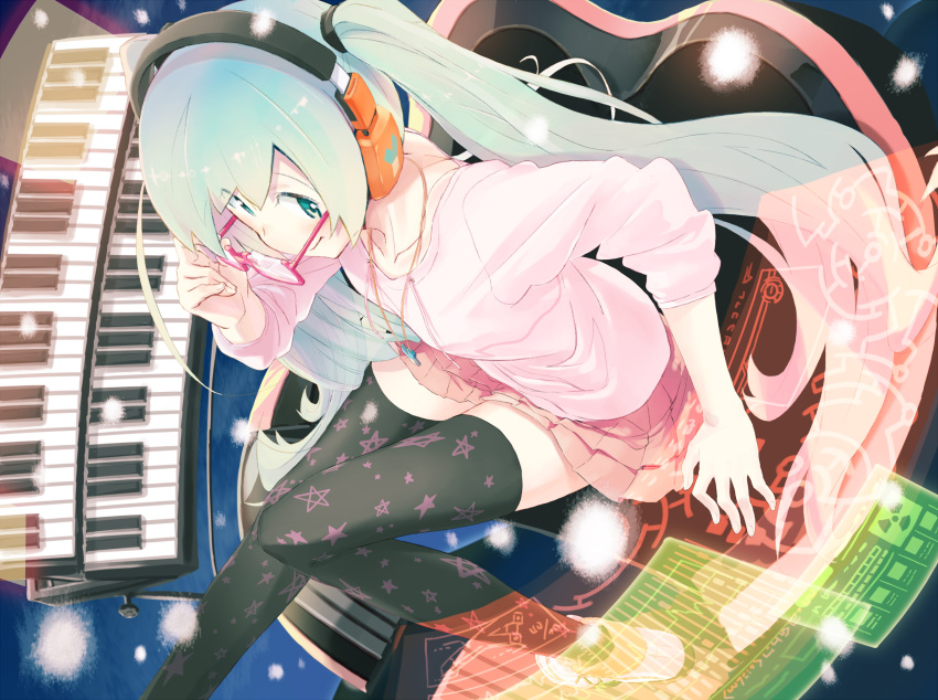 archellaura bad_id bespectacled black_legwear glasses green_eyes green_hair hatsune_miku headphones highres holding holding_glasses instrument jewelry keyboard_(instrument) long_hair looking_at_viewer necklace pink-framed_glasses print_legwear semi-rimless_glasses sitting skirt sleeves_pushed_up solo spring_onion star thigh-highs thighhighs twintails under-rim_glasses very_long_hair vocaloid