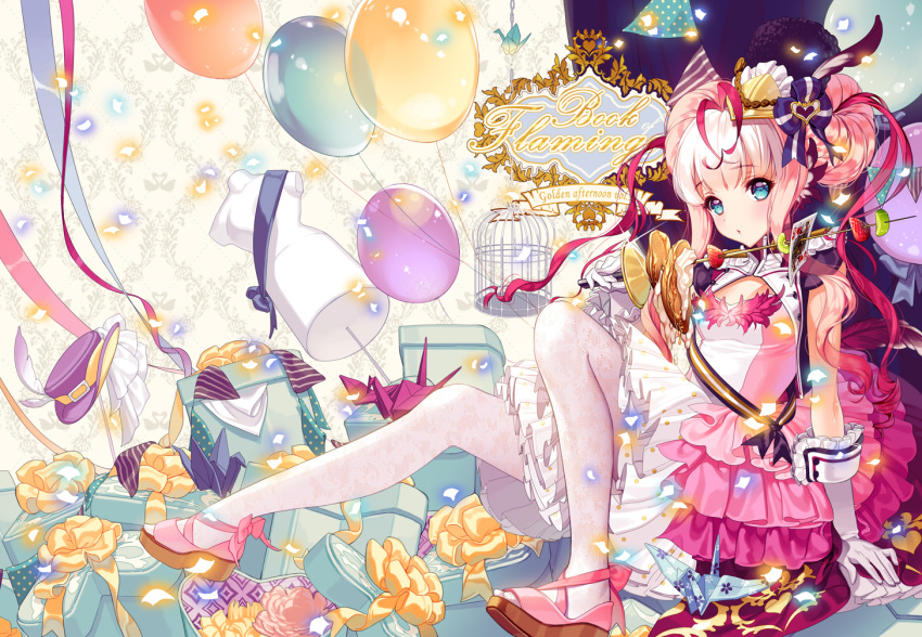 1girl arm_support balloon bent_knees blue_eyes cage cherrypin dress elbow_gloves english food frilled_dress frills fruit gloves hat hat_removed headdress headwear_removed long_hair original pantyhose pink_hair print_legwear sitting solo strawberry