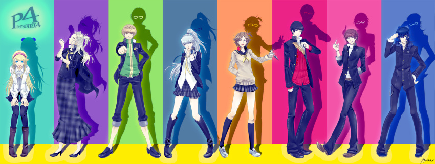 4girls ;q amagi_yukiko boots everyone fan folding_fan genderswap glasses grin hanamura_yousuke hat headphones headphones_around_neck highres kujikawa_rise kuma_(persona_4) kunai long_hair manna multiple_boys multiple_girls narukami_yuu persona persona_4 ponytail satonaka_chie school_uniform sghrm6ma shadow shirogane_naoto short_hair side_ponytail skirt smile tatsumi_kanji thighhighs tongue weapon wink