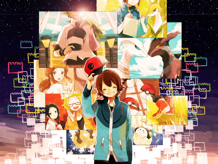 baseball_cap bel_(pokemon) brown_hair cheren_(pokemon) egg green_hair grin hat hat_removed headwear_removed highres mother_bw_(pokemon) n_(pokemon) poke_ball pokemon pokemon_(creature) pokemon_(game) pokemon_bw pokemon_bw2 reshiram rocoya1 serperior smile touya_(pokemon) tympole zekrom