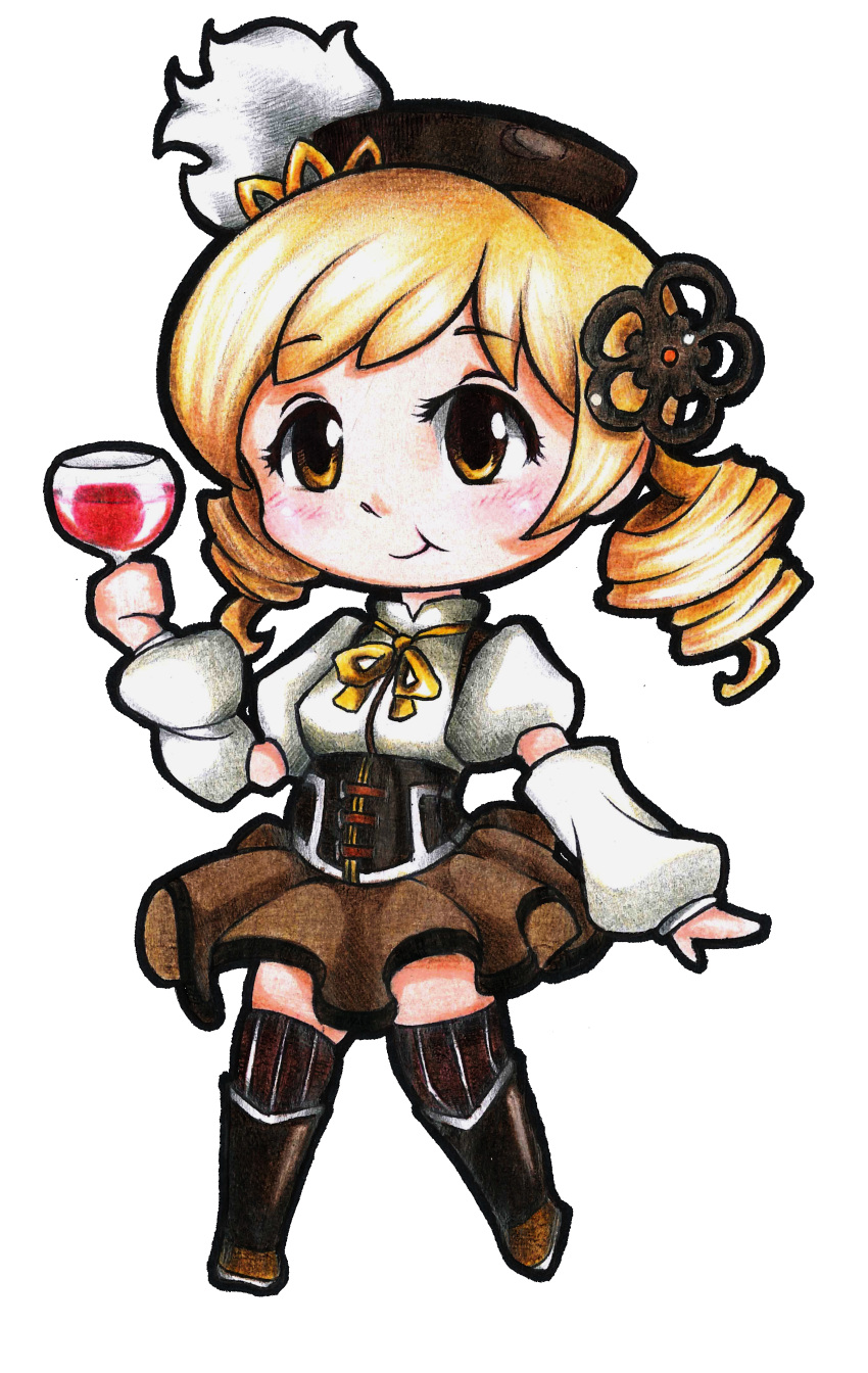 :t absurdres blonde_hair chibi curly_hair detached_sleeves glass hair_ornament hat highres mahou_shoujo_madoka_magica puffy_sleeves short_hair skirt solo thigh-highs thighhighs tomoe_mami traditional_media transparent_background wine yellow_eyes