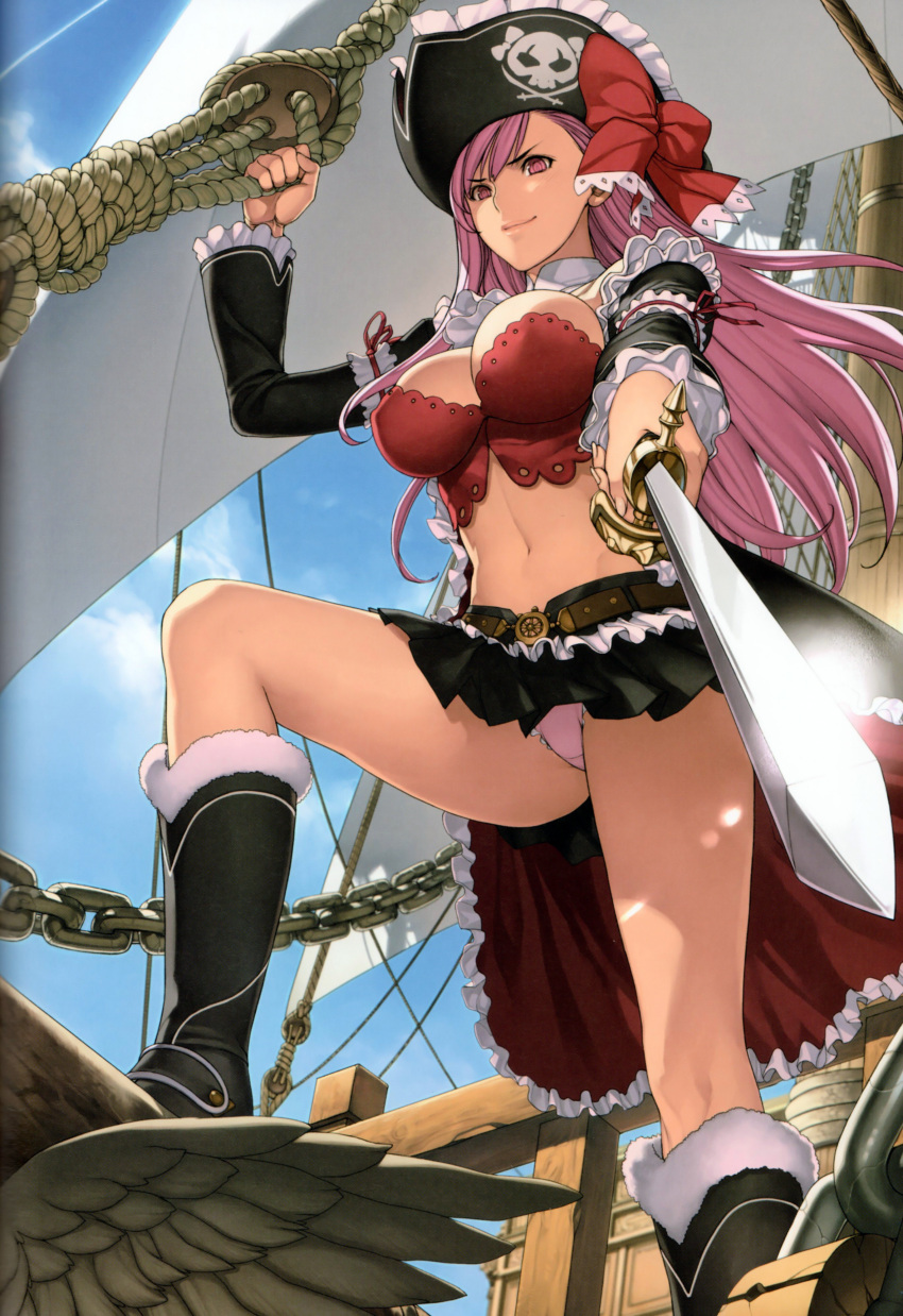 absurdres boots bow breasts bustier captain_liliana cleavage cloud clouds hat highres jolly_roger knee_boots large_breasts leg_up legs lingerie long_hair midriff miniskirt navel oda_non panties pantyshot pink_eyes pink_hair pink_panties pirate pirate_hat pleated_skirt queen's_blade queen's_blade_rebellion queen's_blade queen's_blade_rebellion ribbon scan ship skirt skull_and_crossed_swords sky smile solo sword thighs underwear upskirt very_long_hair weapon