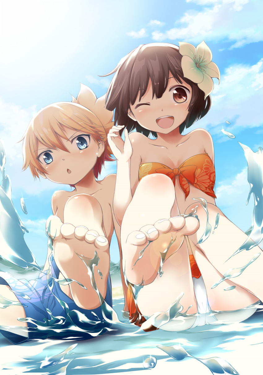 1girl :&lt; :d bare_shoulders barefoot beach bikini blonde_hair blue_eyes blue_sky brown_eyes brown_hair character_request cloud clouds collarbone feet flower front-tie_top fuyutarou hair_flower hair_ornament high_ponytail highres lens_flare looking_at_viewer mountain no_shirt open_mouth panties pantyshot pantyshot_(sitting) print_bikini sand shinsengumi_hitou_wolf_x_wolves shirtless short_hair short_ponytail shorts side-tie_skirt sitting sitting_pantyshot sky smile soles splashing swim_trunks swimsuit toenails toes tsurime underwear water wink