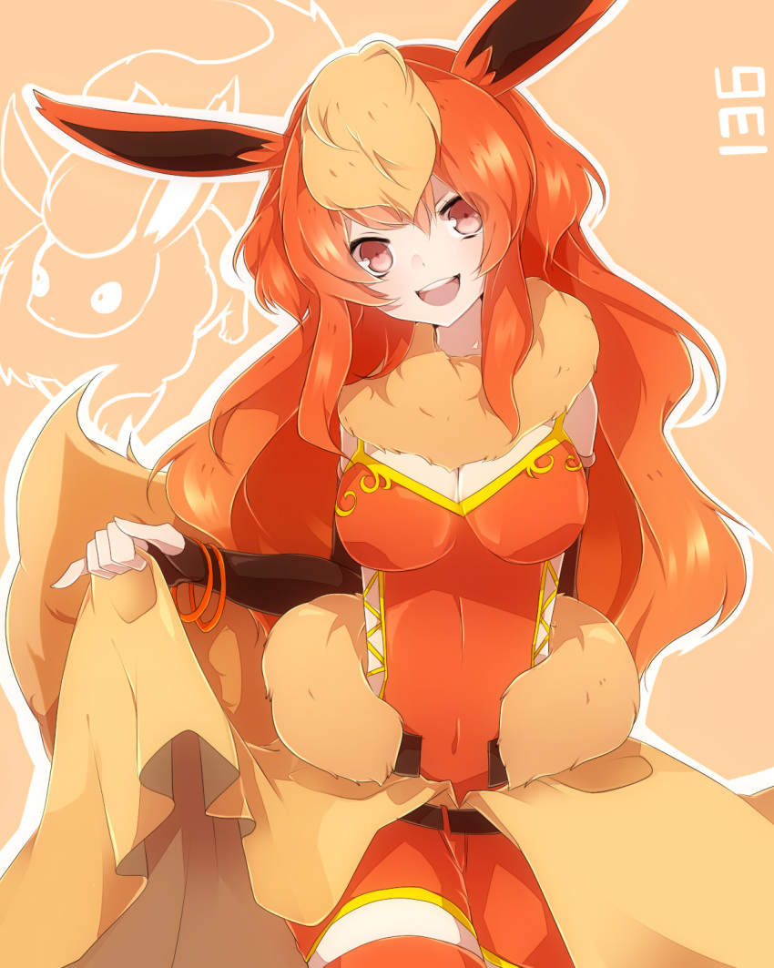 animal_ears black_gloves blush breasts brown_hair elbow_gloves fingerless_gloves flareon fur gloves head_tilt highres long_hair looking_at_viewer multicolored_hair open_mouth personification pink_eyes pinky_out pokemon red_hair red_legwear redhead skirt skirt_lift smile solo takeshima_(nia) thigh-highs thighhighs two-tone_hair
