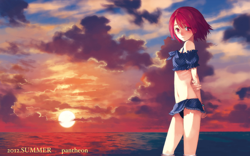 blush bracelet cloud clouds crop_top highres horizon janus jewelry looking_at_viewer midriff navel ocean original red_eyes red_hair redhead skirt sun sunset swimsuit swimsuit_under_clothes wading