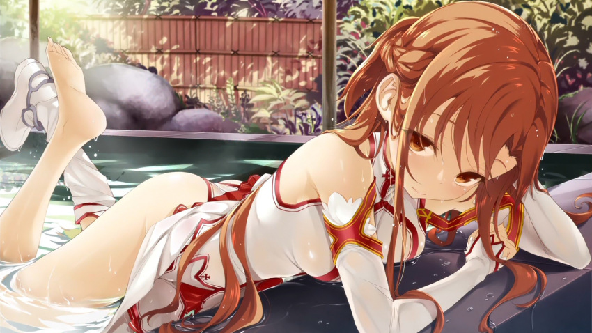 ass asuna_(sao) bare_shoulders barefoot boots brown_eyes brown_hair buriki detached_sleeves eyecatch lips long_hair looking_at_viewer lying official_art panties partially_submerged single_shoe single_thighhigh skirt skirt_lift solo sword_art_online thigh-highs thighhighs underwear water wet wet_clothes wet_hair white_legwear white_panties yuuki_asuna