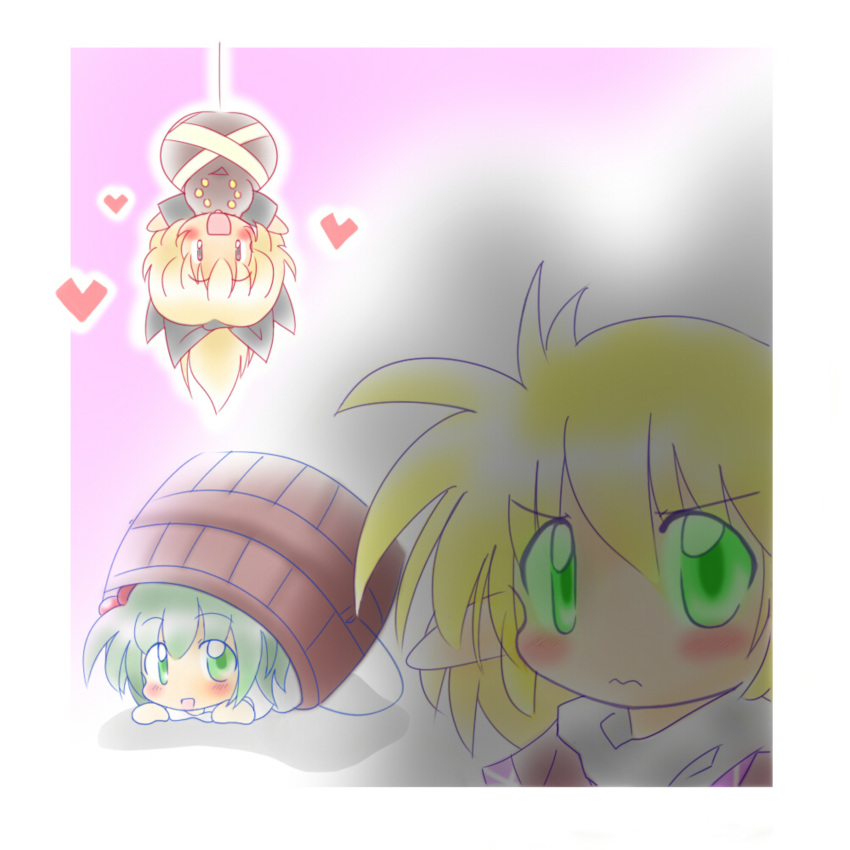 absurdres blonde_hair blush bow bucket green_eyes green_hair hair_bobbles hair_bow hair_ornament heart highres in_bucket in_container kisume kurodani_yamame mizuhashi_parsee multiple_girls open_mouth pointy_ears ponytail ruto5102 short_hair touhou upside-down