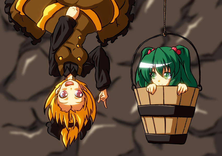 blonde_hair blush bow bucket fang green_eyes green_hair hair_bobbles hair_bow hair_ornament highres in_bucket in_container kisume kurodani_yamame long_sleeves madare-rin multiple_girls open_mouth red_eyes short_hair smile touhou twintails upside-down