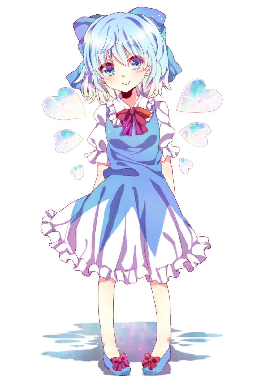 blue_eyes blue_hair blush bow cirno gingetsu_ringo hair_bow heart highres ice ice_wings puffy_sleeves short_hair short_sleeves smile solo standing touhou transparent_background wings