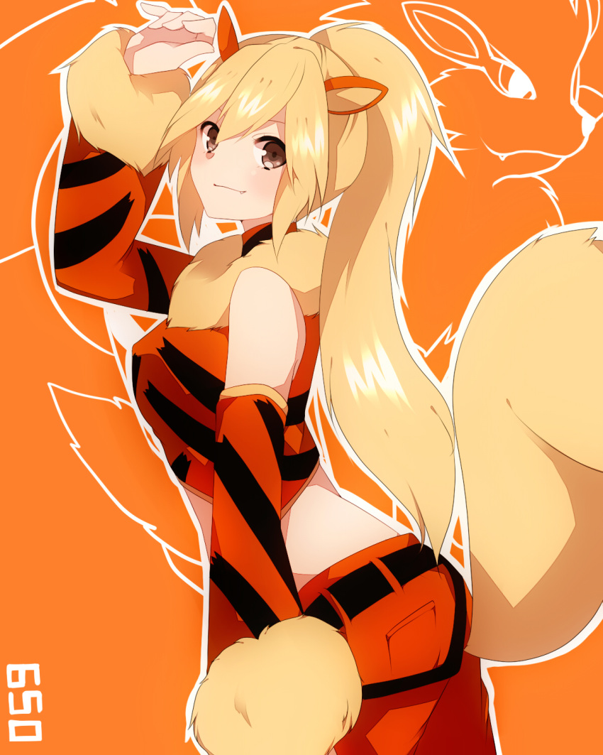 animal_ears arcanine arm_up bare_shoulders blonde_hair blush brown_eyes detached_sleeves fang fur_trim highres long_hair looking_at_viewer personification pokemon ponytail smile solo tail takeshima_(nia)