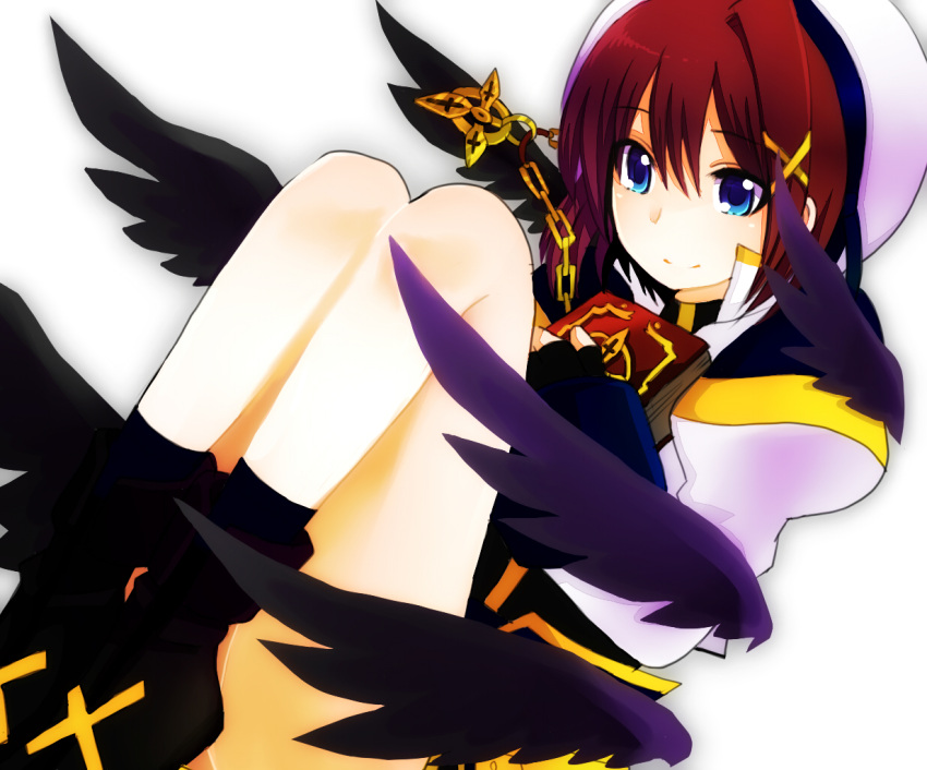 black_wings blue_eyes blush boots brown_hair fingerless_gloves gloves hair_ornament hat jewelry lyrical_nanoha magical_girl mahou_shoujo_lyrical_nanoha mahou_shoujo_lyrical_nanoha_a's mahou_shoujo_lyrical_nanoha_a's mikaze necklace schwertkreuz short_hair smile socks solo tome_of_the_night_sky white_background wings yagami_hayate