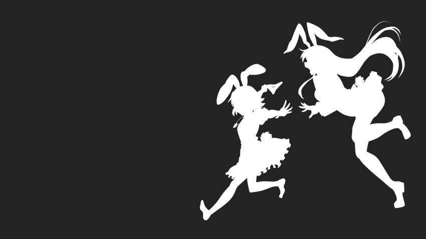 2girls breasts bunny_ears inaba_tewi kitazinger long_hair monochrome necklace open_mouth panties reisen_udongein_inaba short_hair silhouette tail touhou underwear