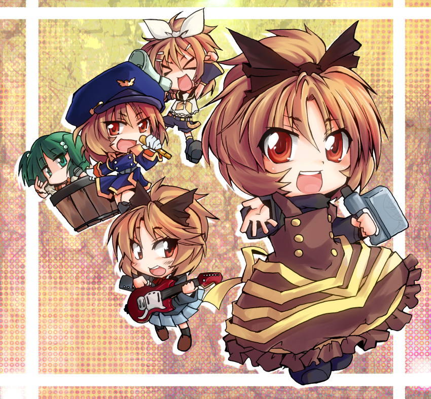 &gt;_&lt; alternate_costume belt bow bucket character_request cosplay detached_sleeves electric_guitar green_eyes green_hair guitar hair_bobbles hair_bow hair_ornament hair_ribbon hairpin hat highres in_bucket in_container instrument kagamine_rin kagamine_rin_(cosplay) kisume kotojima_motoki kurodani_yamame long_sleeves microphone multiple_girls open_mouth orange_eyes ponytail ribbon school_uniform short_hair shorts touhou twintails vocaloid wide_sleeves