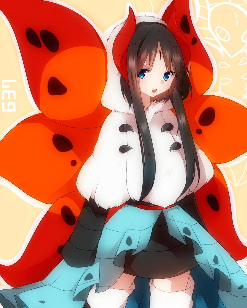 black_hair blue_eyes facial_mark forehead_mark highres hood insect_wings long_hair personification pokemon sleeves_past_wrists solo takeshima_(nia) thigh-highs thighhighs volcarona white_legwear wings
