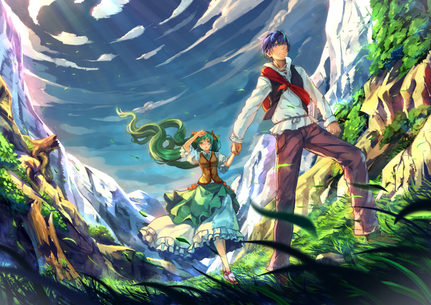 1girl arm_up blue_eyes blue_hair cloud clouds dress grass green_eyes green_hair hand_holding hatsune_miku highres holding_hands kaito landscape leaf long_hair mountain petals ribbons ryuuzaki_itsu scenic short_hair sky tree twintails very_long_hair vocaloid wind