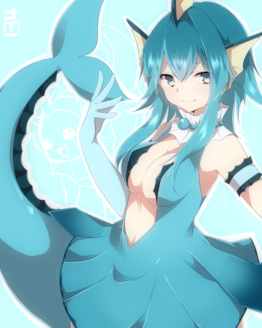 armband blue_eyes blue_gloves blue_hair breasts center_opening cleavage fish_tail fish_tank gloves head_fins highres long_hair looking_at_viewer mermaid monster_girl personification pokemon skirt smile solo takeshima_(nia) transparent_hair vaporeon