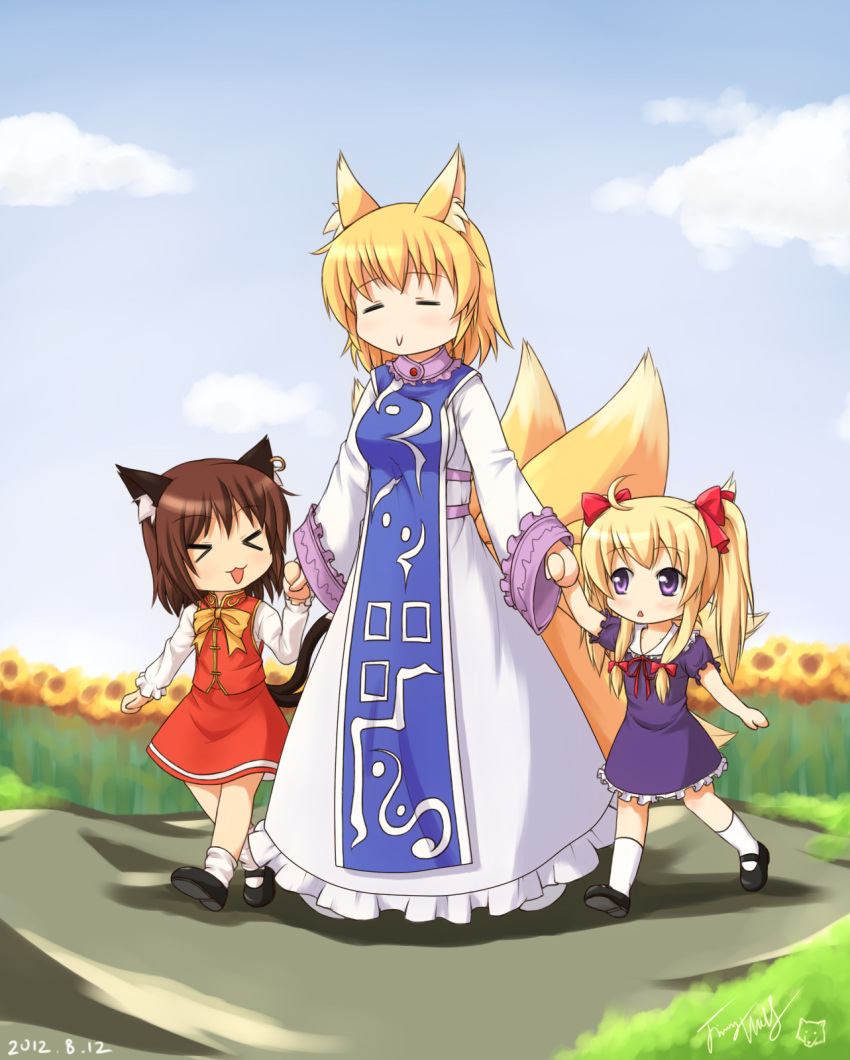 &gt;_&lt; :&gt; :&lt; =_= alternate_hairstyle animal_ears anubis108 blonde_hair blue_sky bow brown_hair cat_ears cat_tail chen child closed_eyes cloud clouds dress ear_piercing eyes_closed flower flower_field fox_ears fox_tail hair_bow hair_ribbon hand_holding highres holding_hands langbazi multiple_girls multiple_tails no_hat no_headwear open_mouth piercing purple_dress purple_eyes ribbon shirt short_hair skirt skirt_set sky smile sunflower tabard tail touhou twintails vest violet_eyes white_dress yakumo_ran yakumo_yukari young