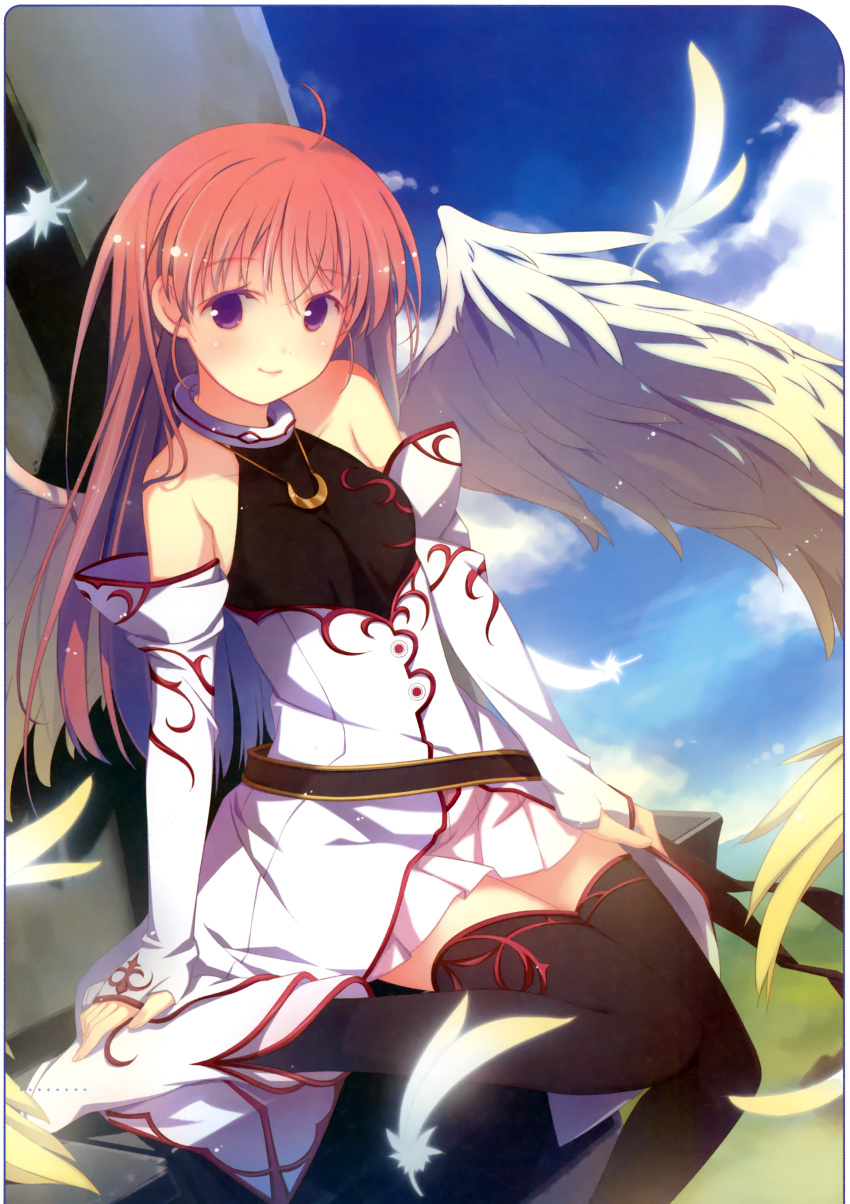 aiyoku_no_eustia bare_shoulders black_legwear blue_sky boots crescent_moon detached_sleeves eustia_astraea feathers halter_top halterneck highres jewelry leg_up long_hair moon necklace pink_hair pleated_skirt purple_eyes ruroo scan sitting skirt sky smile thigh-highs thighhighs violet_eyes wings zettai_ryouiki
