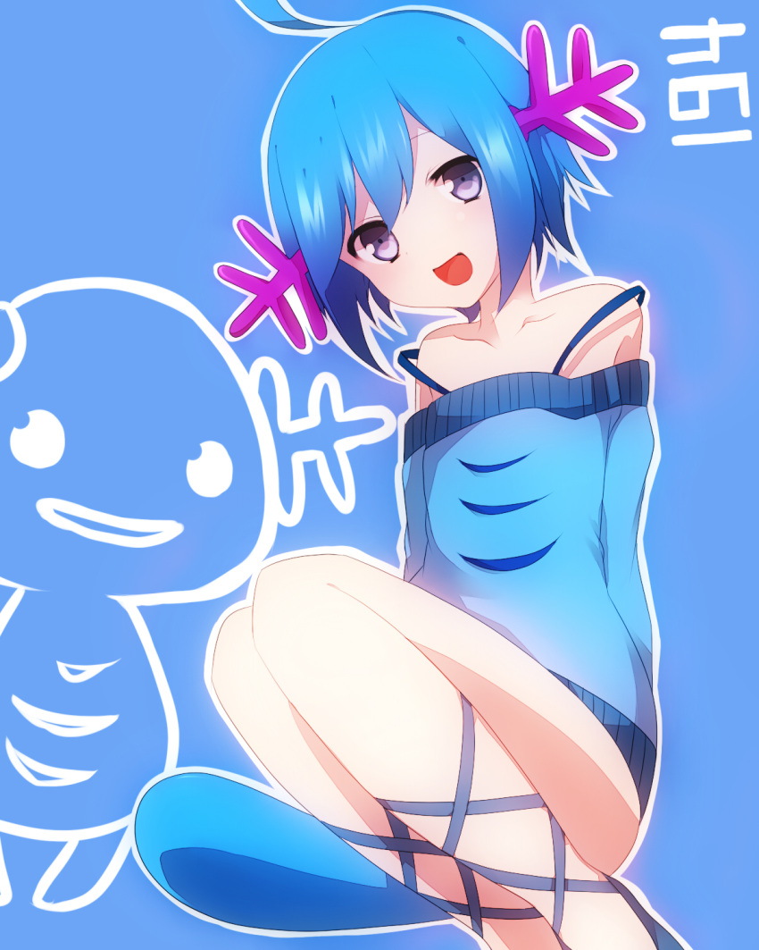ahoge bare_legs bare_shoulders blue_hair cross-laced_footwear highres looking_at_viewer open_mouth personification pokemon purple_eyes short_hair sitting smile solo sweater tail takeshima_(nia) violet_eyes wooper
