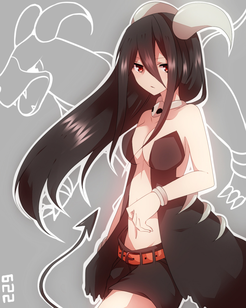 bare_shoulders belt black_hair bracelet breasts center_opening cleavage highres horns houndoom impossible_clothes jewelry long_hair navel personification pokemon red_eyes shorts solo tail takeshima_(nia)