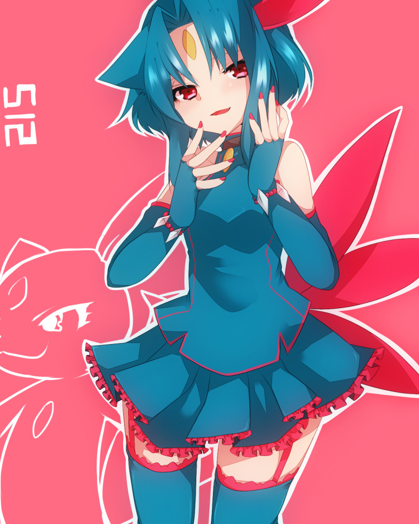 animal_ears blue_hair blue_legwear elbow_gloves fingerless_gloves forehead_jewel garter_straps gloves highres looking_at_viewer nail_polish personification pokemon red_eyes skirt sneasel solo tail takeshima_(nia) thigh-highs thighhighs