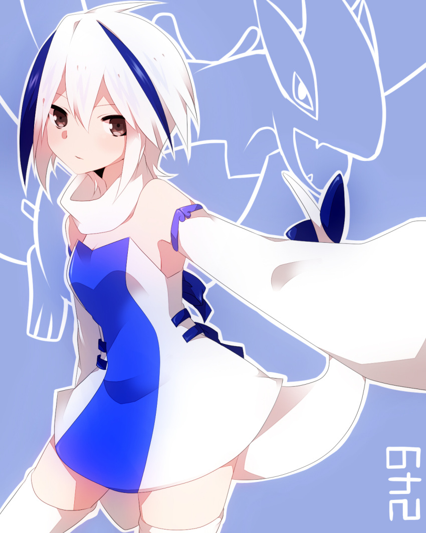 bare_shoulders blue_hair detached_collar detached_sleeves highres looking_at_viewer lugia multicolored_hair personification pink_eyes pokemon short_hair sleeves_past_wrists solo tail takeshima_(nia) thigh-highs thighhighs two-tone_hair white_hair white_legwear zettai_ryouiki