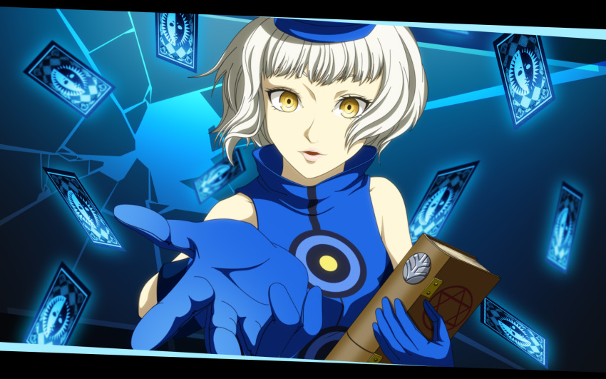 bare_shoulders book card elizabeth_(persona) gloves hat highres kouchou persona persona_3 short_hair sleeveless solo white_hair yellow_eyes