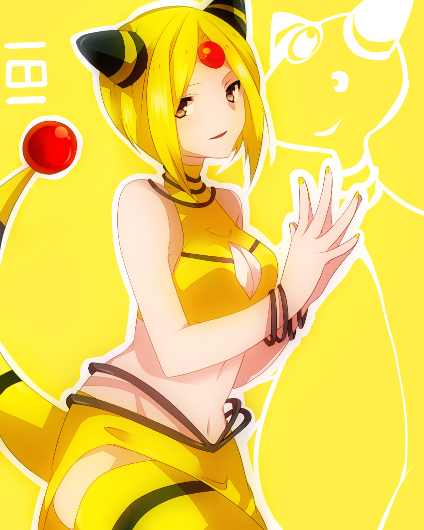 ampharos blonde_hair bracelet brown_eyes cleavage_cutout halter_top halterneck highres jewelry nail_polish navel personification pokemon short_hair solo steepled_fingers tail takeshima_(nia) thigh-highs thighhighs yellow_legwear