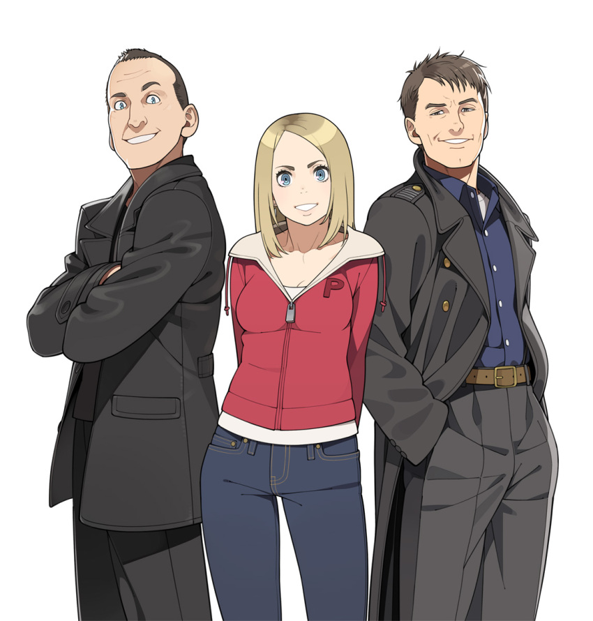 2boys arms_behind_back blazer blue_eyes brown_eyes brown_hair captain_jack_harkness clothes_writing crossed_arms doctor_who epaulettes go_robots hands_in_pockets highres hoodie jack_harkness jeans multiple_boys ninth_doctor realistic rose_tyler short_hair simple_background smile the_doctor trench_coat white_background