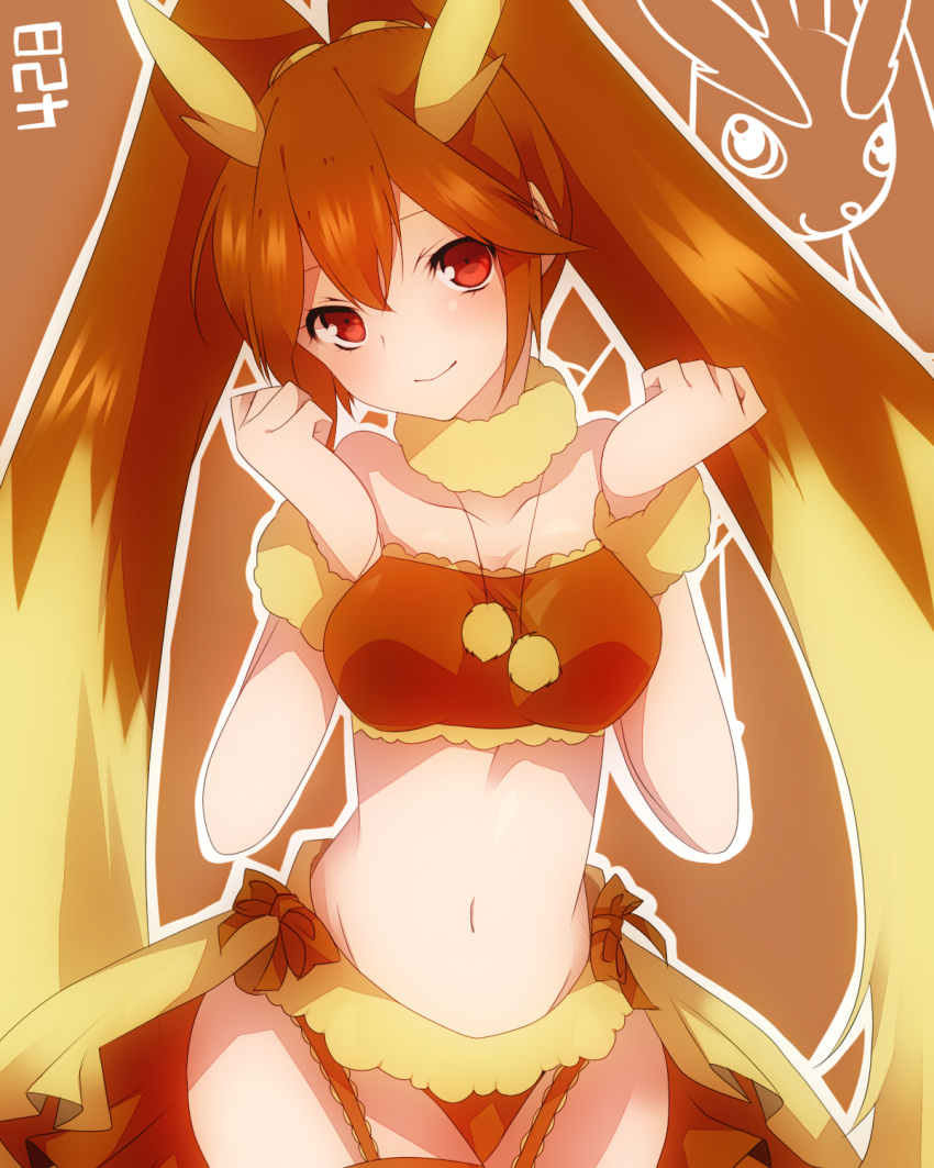 blonde_hair blush breasts brown_hair fur garter_straps highres long_hair lopunny multicolored_hair navel personification pokemon red_eyes smile solo takeshima_(nia) twintails two-tone_hair