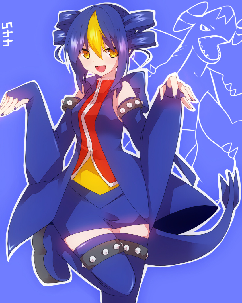 bare_shoulders blonde_hair blue_eyes blue_legwear blush detached_sleeves drill_hair fangs fingerless_gloves garchomp gloves highres leg_up looking_at_viewer miniskirt multicolored_hair nail_polish open_mouth personification pokemon pose short_hair skirt solo standing_on_one_leg tail takeshima_(nia) thigh-highs thighhighs twin_drills two-tone_hair yellow_eyes zettai_ryouiki