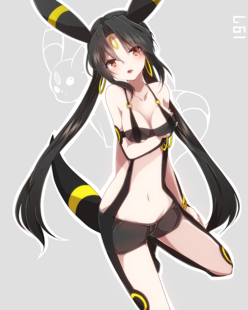 animal_ears black_hair blush bracelet breasts earrings facial_mark forehead_mark highres jewelry long_hair looking_at_viewer navel personification pokemon red_eyes short shorts solo tail takeshima_(nia) twintails umbreon