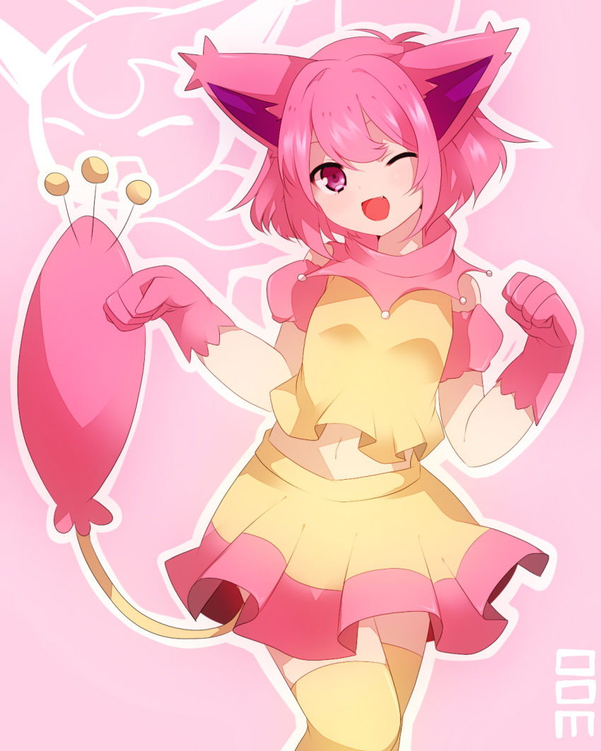 ;d animal_ears cat_ears fang gloves highres midriff navel open_mouth paw_pose personification pink_gloves pink_hair pokemon short_hair skirt skitty smile solo tail takeshima_(nia) thigh-highs thighhighs wink yellow_legwear zettai_ryouiki