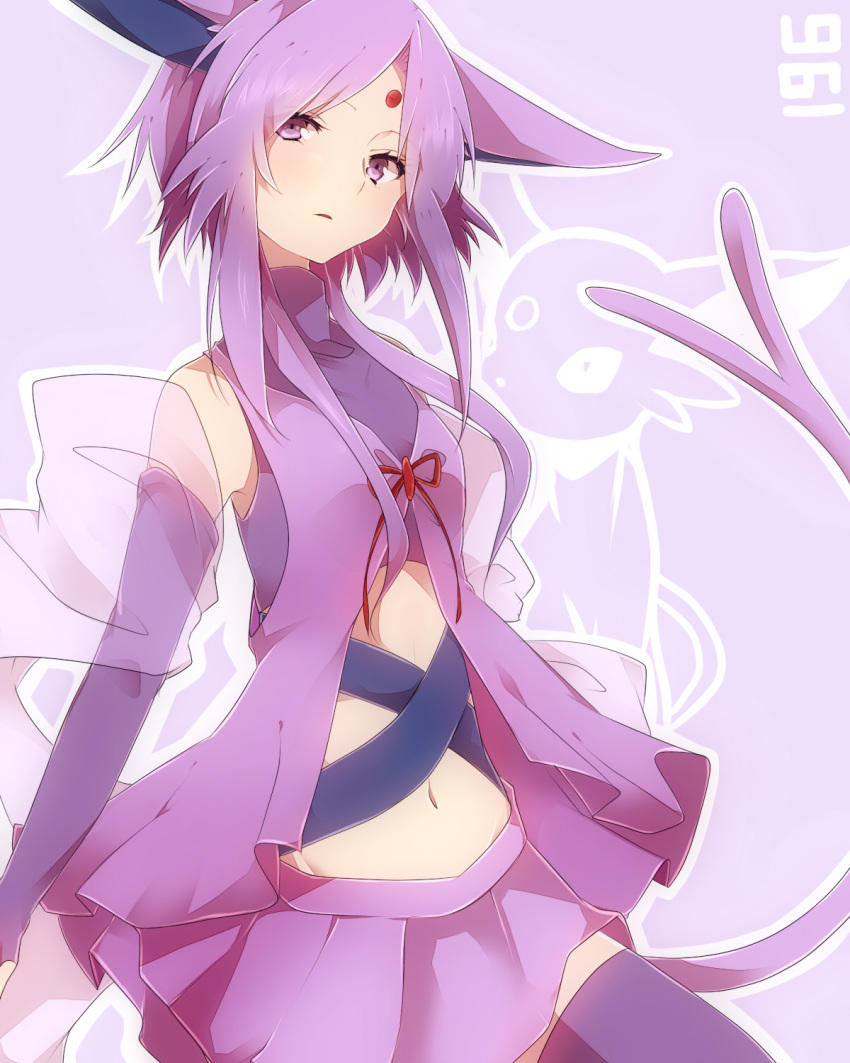 animal_ears bare_shoulders elbow_gloves espeon facial_mark fingerless_gloves forehead_mark gloves head_tilt highres looking_at_viewer navel personification pokemon purple_eyes purple_hair purple_legwear skirt solo tail takeshima_(nia) thigh-highs thighhighs violet_eyes